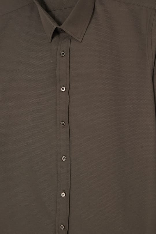 Erkek Modern Fit Dar Kesim Pamuklu Uzun Kollu Kravatlık Armürlü Haki Gömlek