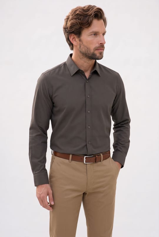 Erkek Modern Fit Dar Kesim Pamuklu Uzun Kollu Kravatlık Armürlü Haki Gömlek
