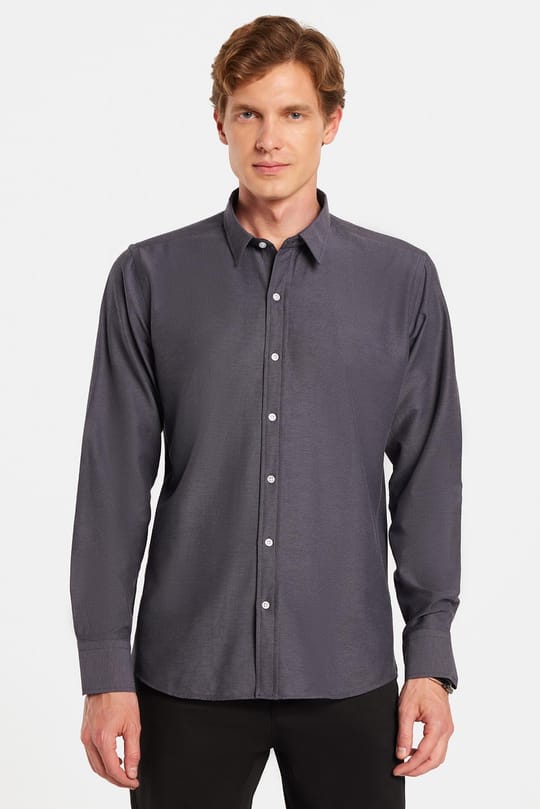 Modern Slim Fit Uzun Kollu Pamuklu Kolay Ütü Armürlü Erkek Füme Gömlek