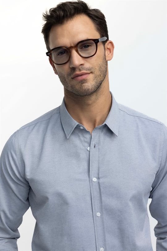 Modern Slim Fit Uzun Kollu Pamuklu Kolay Ütü Armürlü Erkek Gri Gömlek