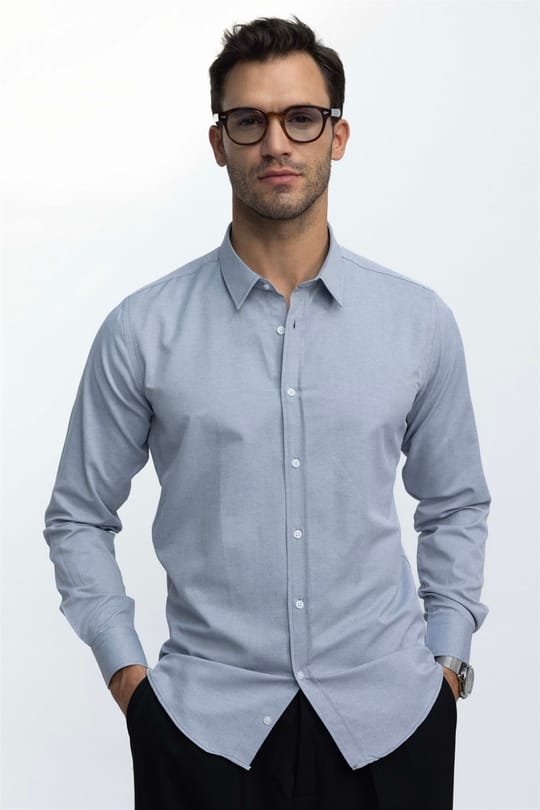 Modern Slim Fit Uzun Kollu Pamuklu Kolay Ütü Armürlü Erkek Gri Gömlek