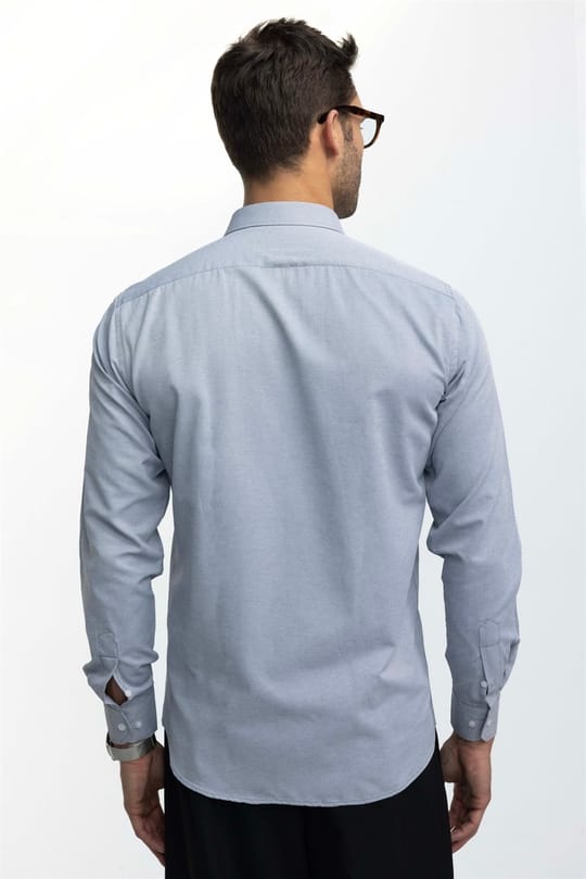 Modern Slim Fit Uzun Kollu Pamuklu Kolay Ütü Armürlü Erkek Gri Gömlek