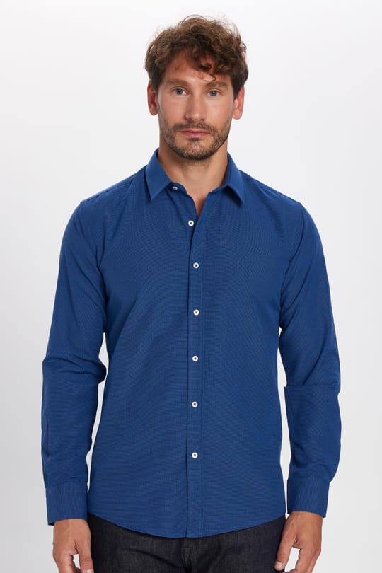 Modern Slim Fit Uzun Kollu Pamuklu Kolay Ütü Armürlü Erkek Sax Mavi Gömlek