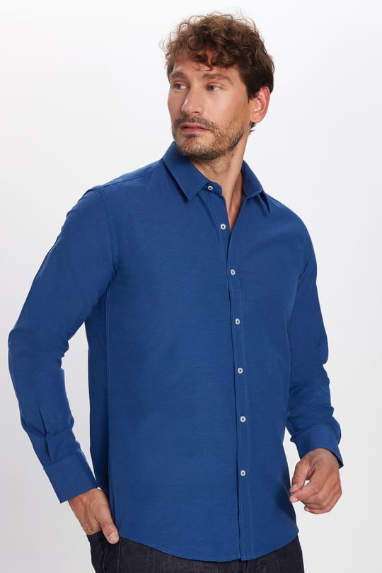 Modern Slim Fit Uzun Kollu Pamuklu Kolay Ütü Armürlü Erkek Sax Mavi Gömlek