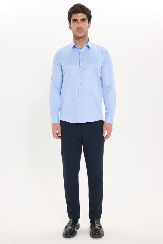 Erkek Modern Fit Dar Kesim Pamuklu Uzun Kollu Kravatlık Armürlü Mavi Gömlek