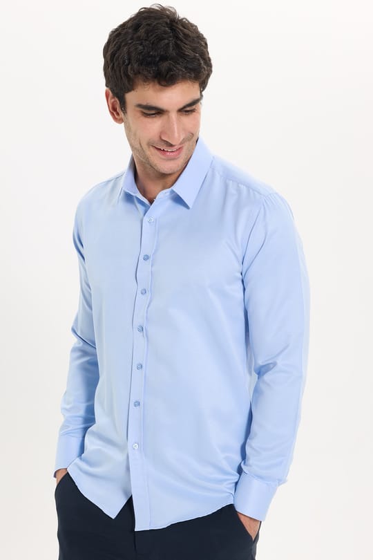 Erkek Modern Fit Dar Kesim Pamuklu Uzun Kollu Kravatlık Armürlü Mavi Gömlek