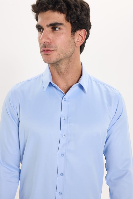 Erkek Modern Fit Dar Kesim Pamuklu Uzun Kollu Kravatlık Armürlü Mavi Gömlek