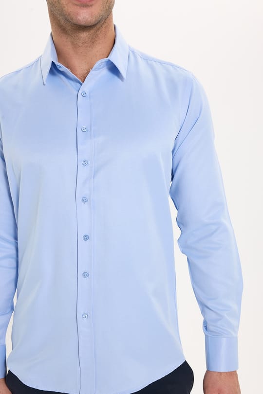 Erkek Modern Fit Dar Kesim Pamuklu Uzun Kollu Kravatlık Armürlü Mavi Gömlek
