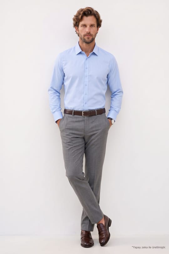 Erkek Modern Fit Dar Kesim Pamuklu Uzun Kollu Kravatlık Armürlü Mavi Gömlek