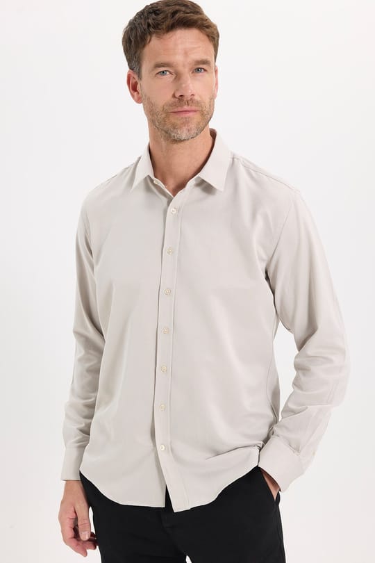 Erkek Modern Fit Dar Kesim Pamuklu Uzun Kollu Kravatlık Armürlü Bej Gömlek