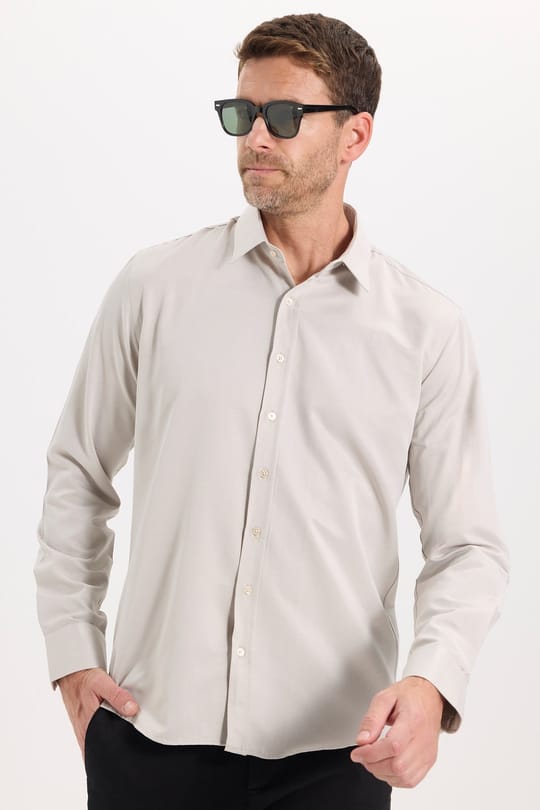 Erkek Modern Fit Dar Kesim Pamuklu Uzun Kollu Kravatlık Armürlü Bej Gömlek