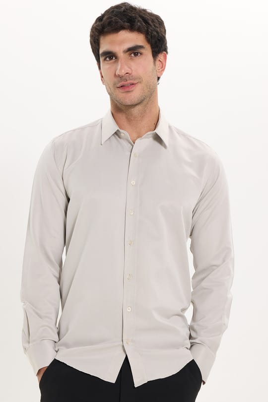 Erkek Modern Fit Dar Kesim Pamuklu Uzun Kollu Kravatlık Armürlü Bej Gömlek