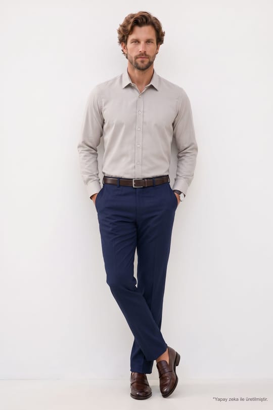 Erkek Modern Fit Dar Kesim Pamuklu Uzun Kollu Kravatlık Armürlü Bej Gömlek