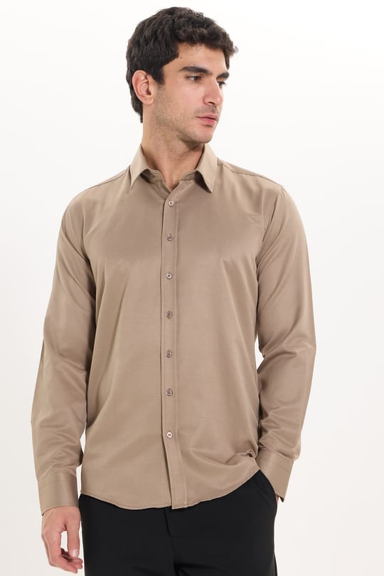 Erkek Modern Fit Dar Kesim Pamuklu Uzun Kollu Kravatlık Armürlü Bej Gömlek