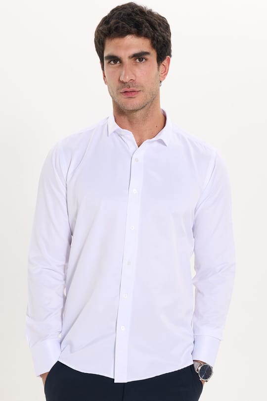 Modern Slim Fit Uzun Kollu Düz Saten Pamuklu Erkek Beyaz Gömlek