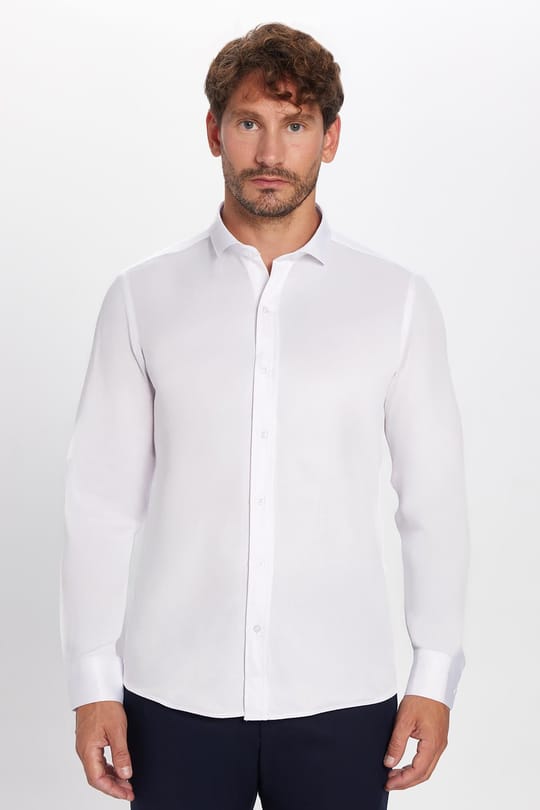 Modern Slim Fit Uzun Kollu Düz Saten Pamuklu Erkek Beyaz Gömlek