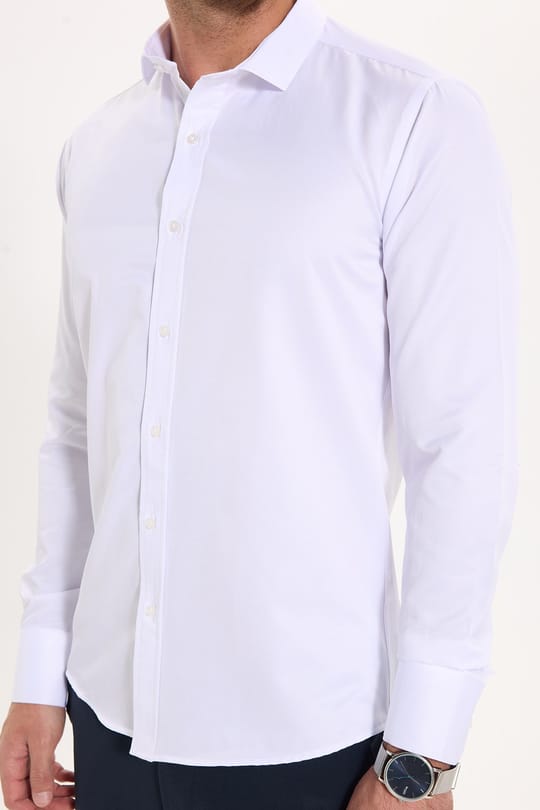 Modern Slim Fit Uzun Kollu Düz Saten Pamuklu Erkek Beyaz Gömlek