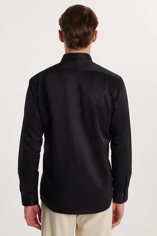 Modern Slim Fit Uzun Kollu Düz Saten Pamuklu Erkek Siyah Gömlek