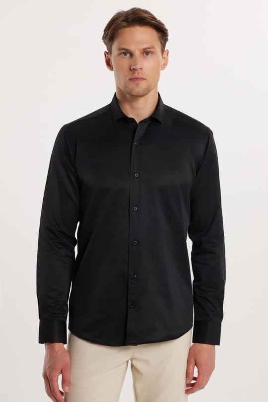 Modern Slim Fit Uzun Kollu Düz Saten Pamuklu Erkek Siyah Gömlek