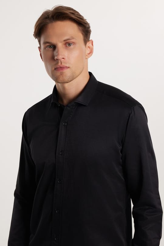 Modern Slim Fit Uzun Kollu Düz Saten Pamuklu Erkek Siyah Gömlek