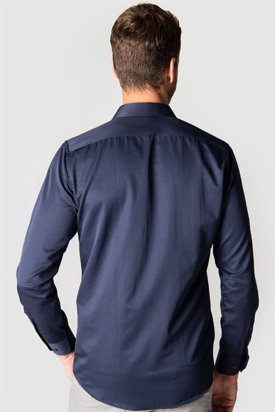 Modern Slim Fit Uzun Kollu Düz Saten Pamuklu Erkek Lacivert Gömlek