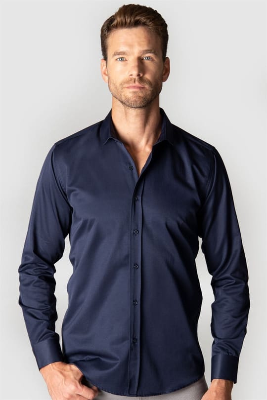 Modern Slim Fit Uzun Kollu Düz Saten Pamuklu Erkek Lacivert Gömlek