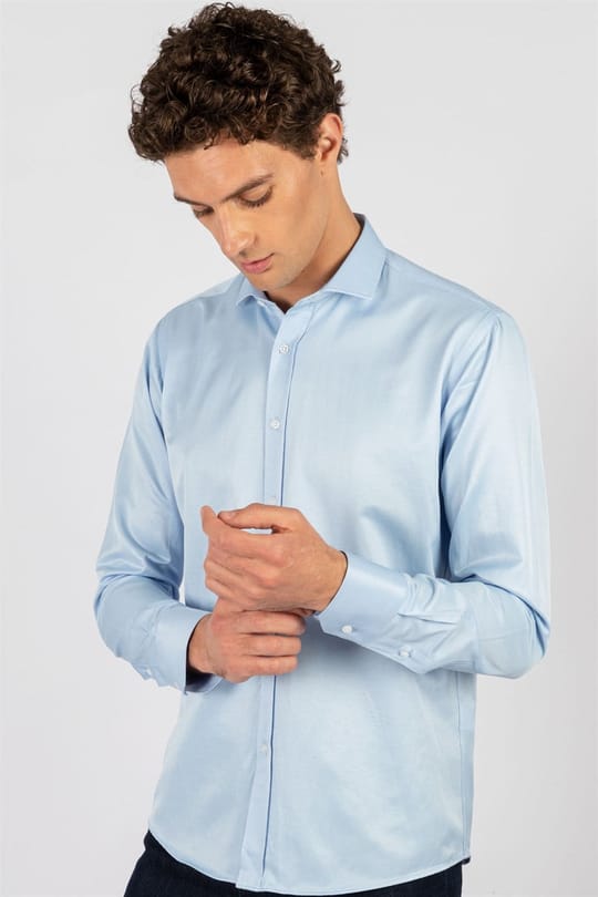 Modern Slim Fit Uzun Kollu Düz Saten Pamuklu Erkek Mavi Gömlek