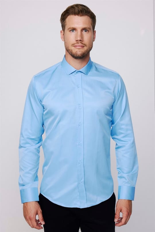 Modern Slim Fit Uzun Kollu Düz Saten Pamuklu Erkek Mavi Gömlek
