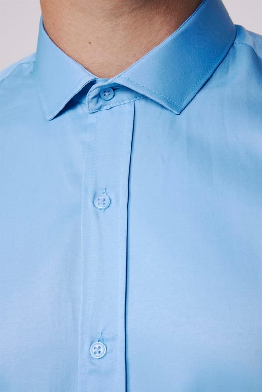 Modern Slim Fit Uzun Kollu Düz Saten Pamuklu Erkek Mavi Gömlek