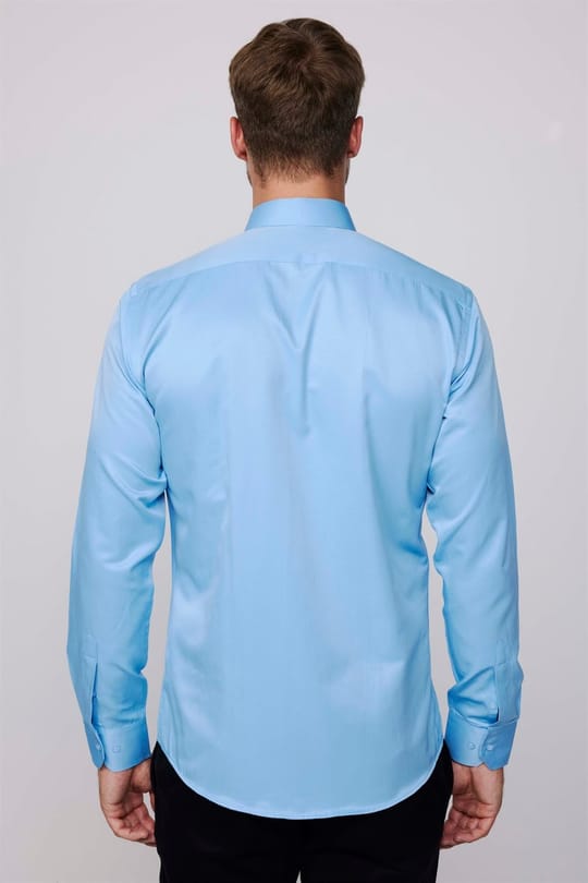 Modern Slim Fit Uzun Kollu Düz Saten Pamuklu Erkek Mavi Gömlek