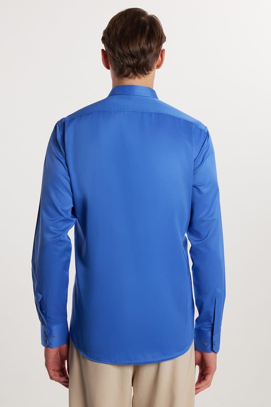 Modern Slim Fit Uzun Kollu Düz Saten Pamuklu Erkek Sax Mavi Gömlek