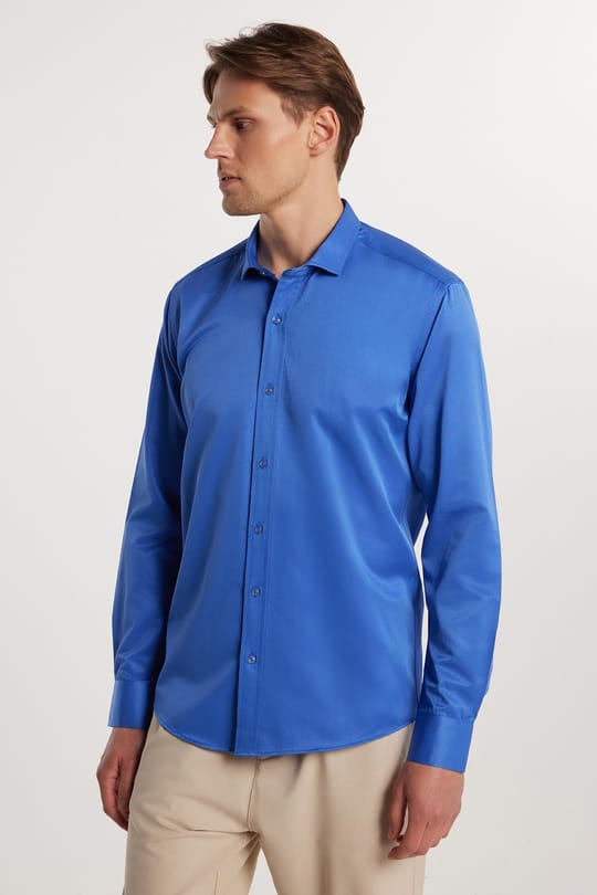 Modern Slim Fit Uzun Kollu Düz Saten Pamuklu Erkek Sax Mavi Gömlek