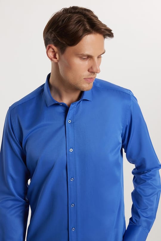 Modern Slim Fit Uzun Kollu Düz Saten Pamuklu Erkek Sax Mavi Gömlek