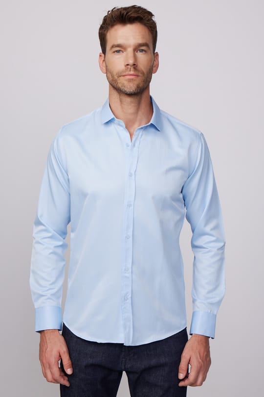 Modern Slim Fit Uzun Kollu Düz Saten Pamuklu Erkek Mavi Gömlek