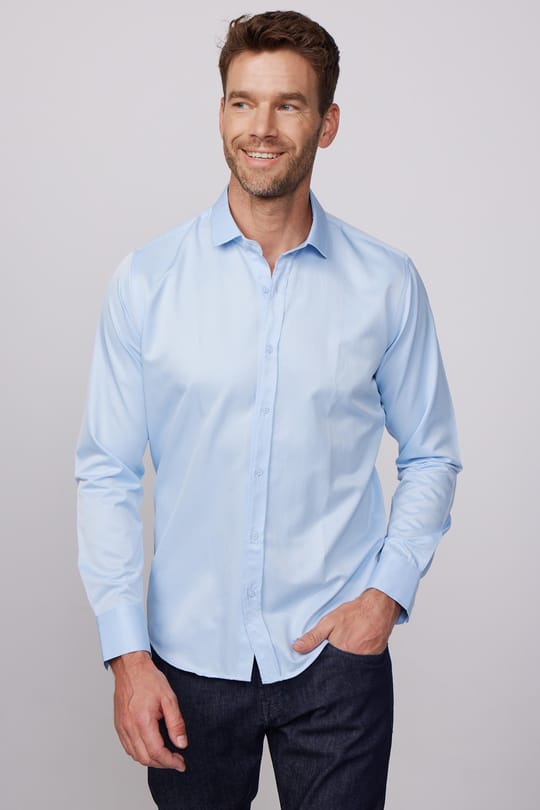 Modern Slim Fit Düz Saten Pamuklu Erkek Mavi Gömlek