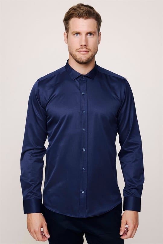 Modern Slim Fit Uzun Kollu Düz Saten Pamuklu Erkek Lacivert Gömlek
