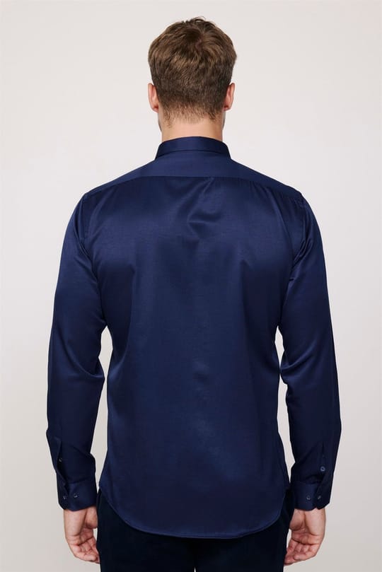 Modern Slim Fit Uzun Kollu Düz Saten Pamuklu Erkek Lacivert Gömlek