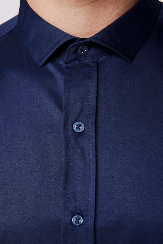 Modern Slim Fit Uzun Kollu Düz Saten Pamuklu Erkek Lacivert Gömlek