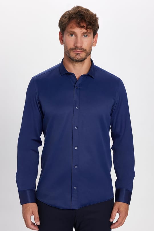 Modern Slim Fit Uzun Kollu Düz Saten Pamuklu Erkek Lacivert Gömlek
