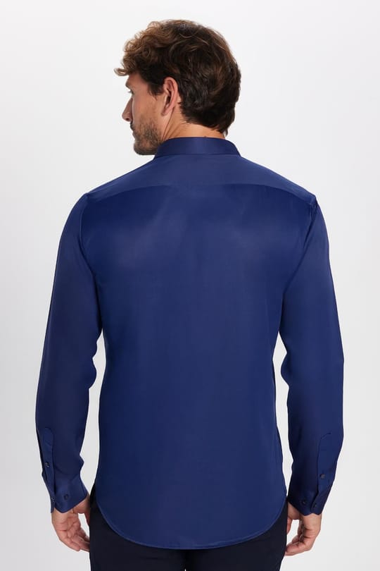 Modern Slim Fit Uzun Kollu Düz Saten Pamuklu Erkek Lacivert Gömlek