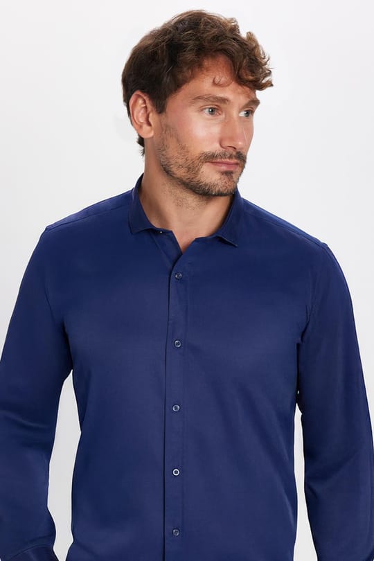 Modern Slim Fit Uzun Kollu Düz Saten Pamuklu Erkek Lacivert Gömlek