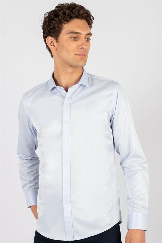 Modern Slim Fit Uzun Kollu Düz Saten Pamuklu Erkek Mavi Gömlek
