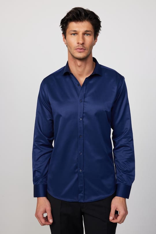 Modern Slim Fit Uzun Kollu Düz Saten Pamuklu Lacivert Erkek Gömlek