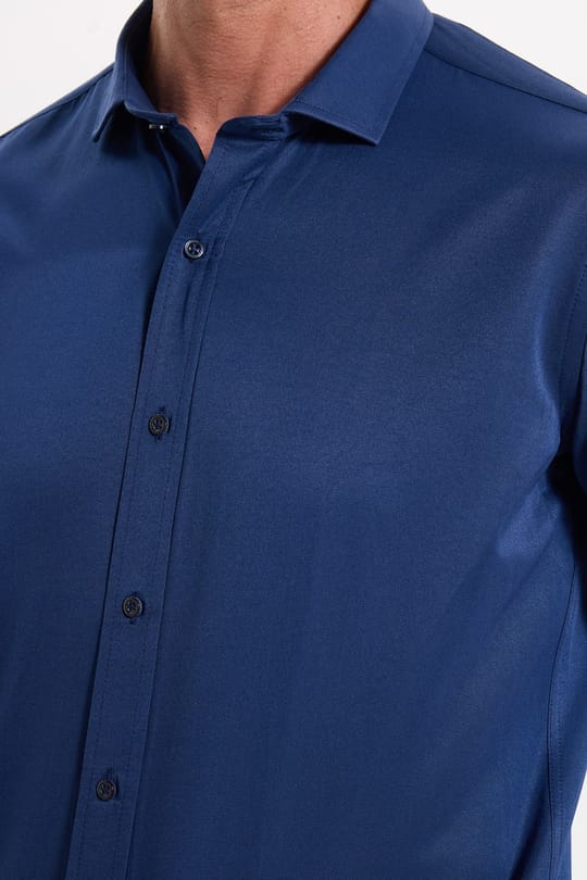 Modern Slim Fit Uzun Kollu Düz Saten Pamuklu Lacivert Erkek Gömlek