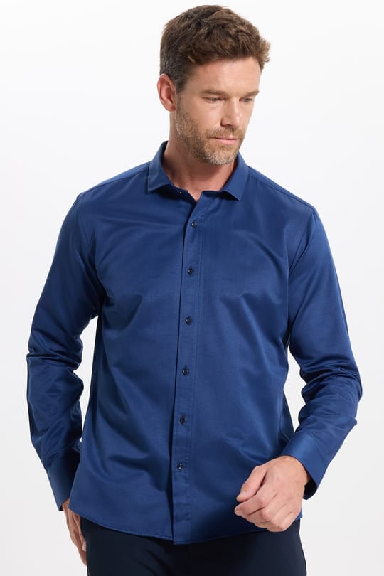 Modern Slim Fit Uzun Kollu Düz Saten Pamuklu Lacivert Erkek Gömlek