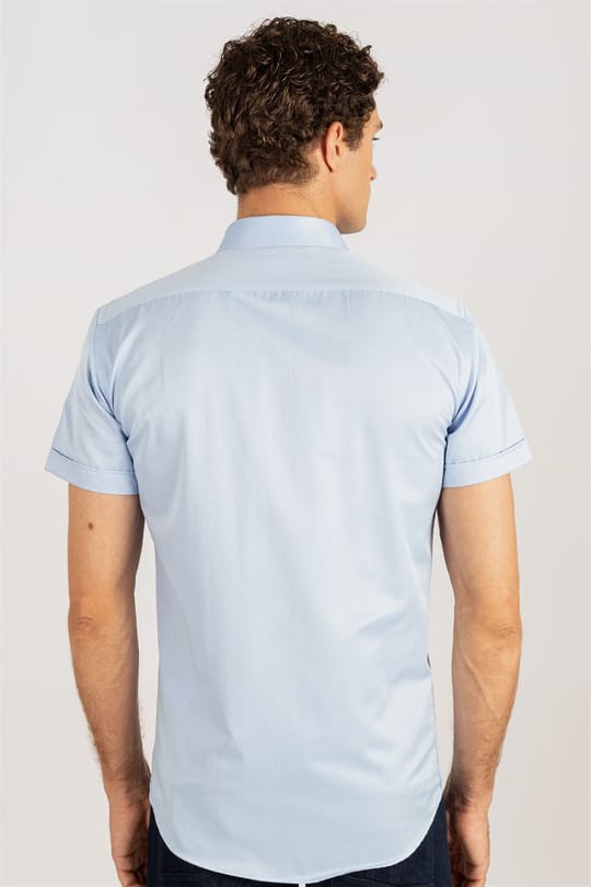 Modern Slim Fit Kısa Kollu Kravat Yaka Mavi Gömlek