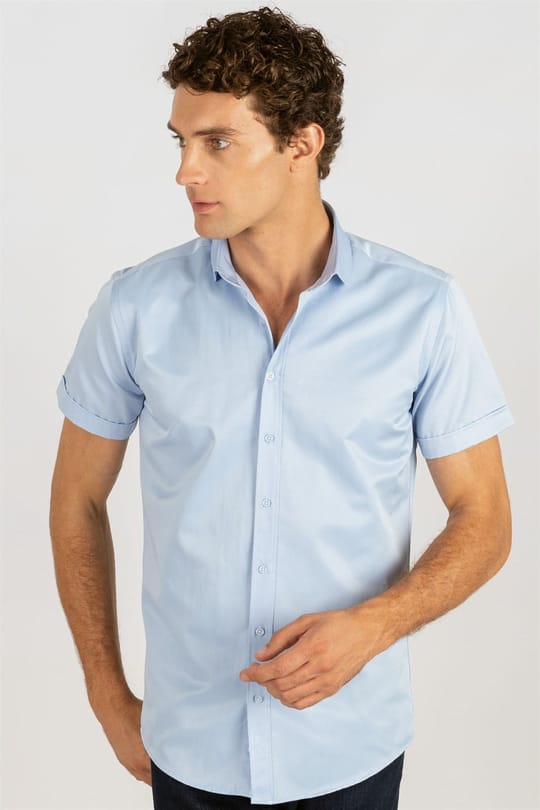 Modern Slim Fit Kısa Kollu Kravat Yaka Mavi Gömlek