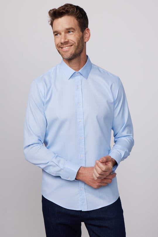 Modern Fit Uzun Kollu %100 Pamuk Armürlü Leke Tutmaz Mavi Gömlek