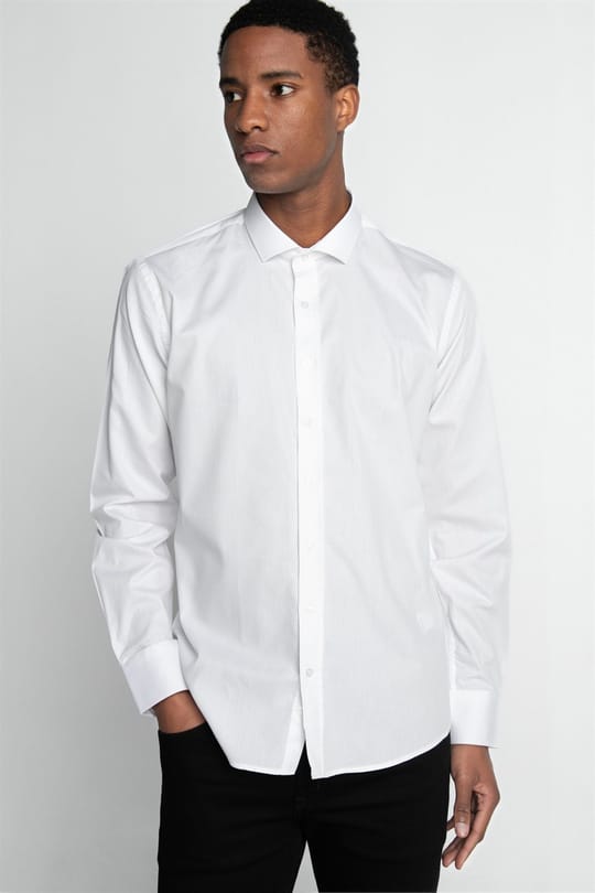 Modern Fit Uzun Kollu %100 Pamuk Armürlü Premium Erkek Beyaz Gömlek