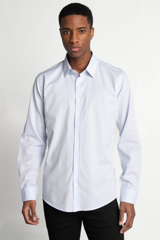 Modern Fit Uzun Kollu %100 Pamuk Armürlü Premium Erkek Mavi Gömlek